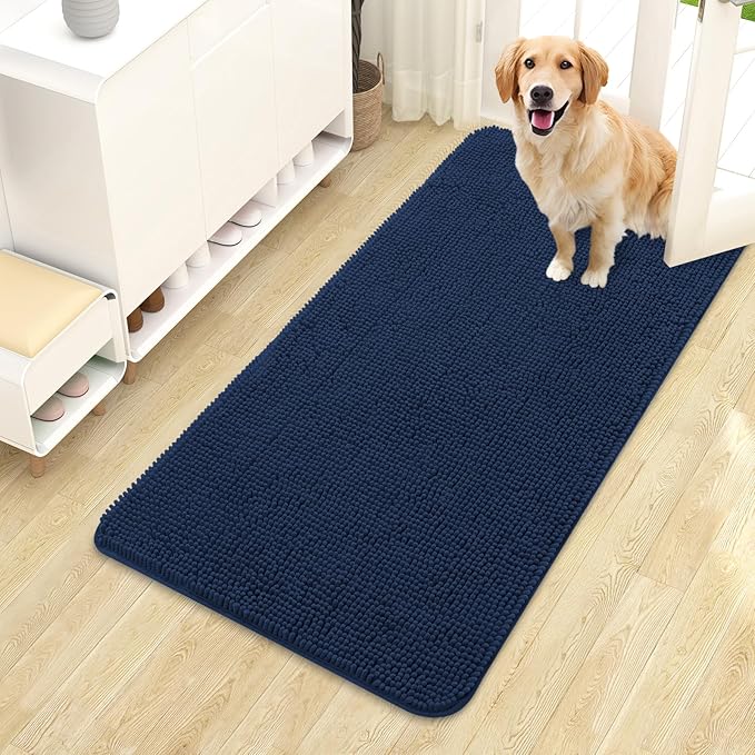 OLANLY Dog Door Mat for Muddy Paws 44x24, Absorbs Moisture and Dirt, Absorbent Non-Slip Washable Doormat, Quick Dry Chenille Mud Mat for Dogs, Entry Indoor Entryway Carpet for Inside Floor, Dark Blue