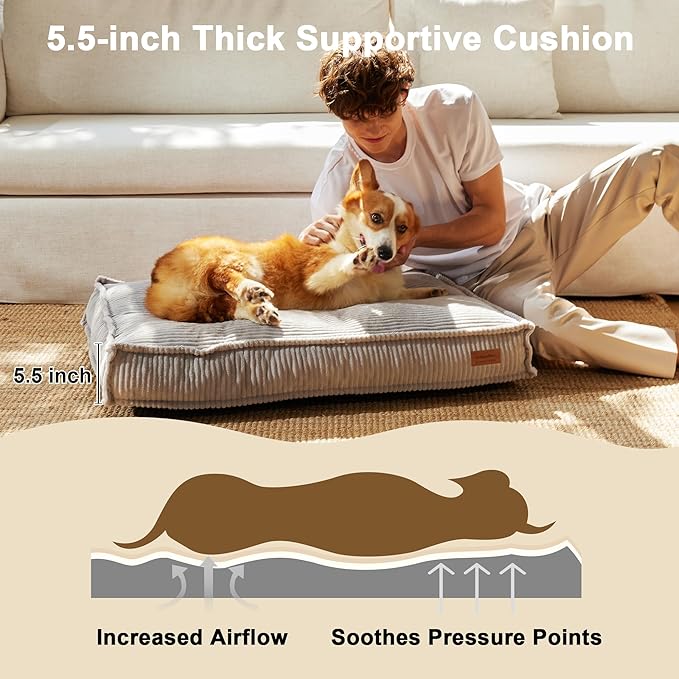 FUKUMARU Dog Bed, Thickened Corduroy Dog Beds Mat with Washable Cover, Large Waterproof Cotton Dogs Bed for Crate, Cozy Fluffy Pet Pillow Beds Kennel Pad with Non-Slip Bottom, 36inch, Light Grey