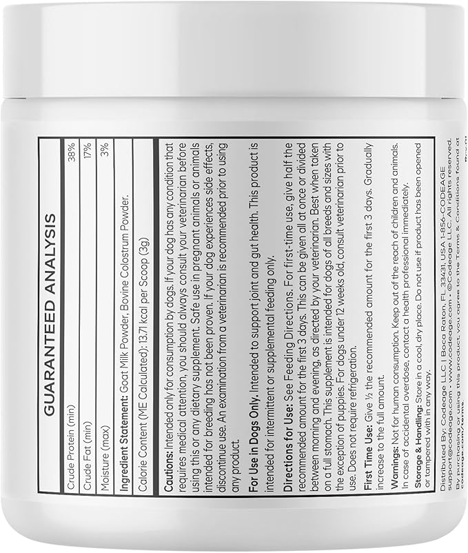 Goat Milk and Colostrum Powder for Dogs - Goat Milk Powder, Bovine Colostrum Protein Supplement for Dogs - Canine Joint & Gut Wellness Support - All Breeds and Sizes - 3.2 oz