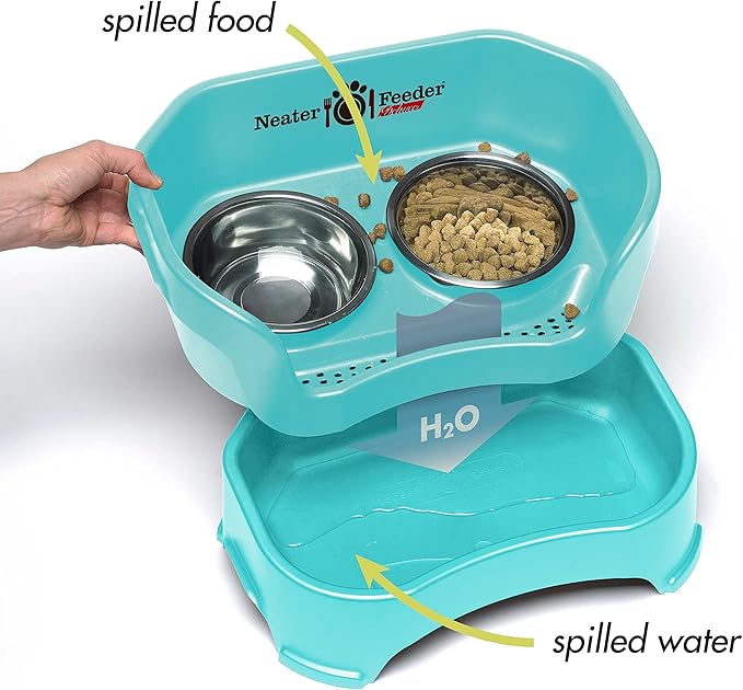 Neater Feeder Deluxe Mess Proof Dog Bowls Elevated Medium Sized Dogs (19-40 lbs) Made in USA, No Spill Raised Dog Food Bowl Stand w/Leg Extension, Stainless Steel Food and Water Bowl Set, Aquamarine