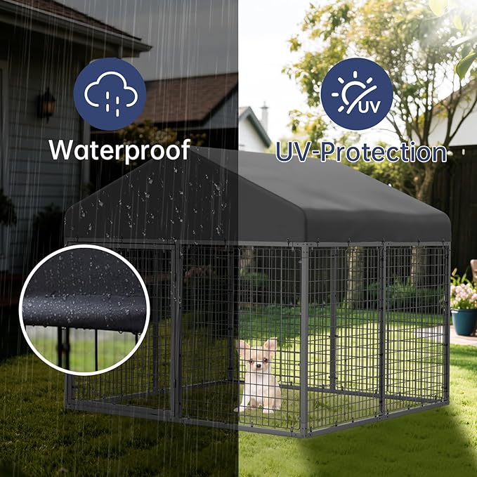 Large Outdoor Dog Enclosure,Heavy Duty Dog Cage with Roof,Galvanized Steel Dog Kennel Fence with Double Safety Locks(79”W x 79”D)