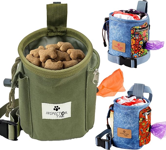 INSPECTOR TAIL Dog Treat Pouch w Drawstring to Prevent Spills | 2 Cup Tote | Hands Free w 4 Ways to Wear Puppy Bag w Pockets for Snacks Poop Bags Keys & Cards | Pet Training Walking & Rewarding Holder