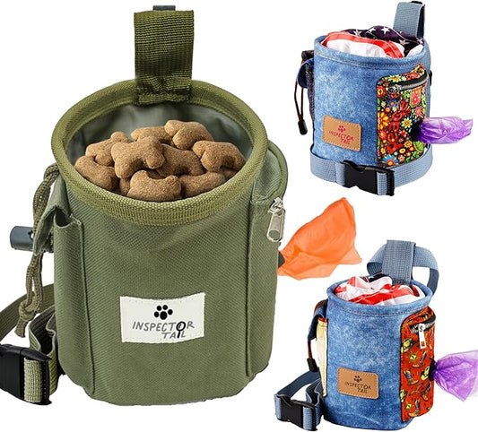 INSPECTOR TAIL Dog Treat Pouch w Drawstring to Prevent Spills | 2 Cup Tote | Hands Free w 4 Ways to Wear Puppy Bag w Pockets for Snacks Poop Bags Keys & Cards | Pet Training Walking & Rewarding Holder