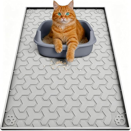Cat Litter Mat for Litter Boxes - BPA-Free, Fits Most Sizes, Effective Litter Trapping, Easy to Clean, Waterproof, Non-Slip, 34" X 22", Light Gray