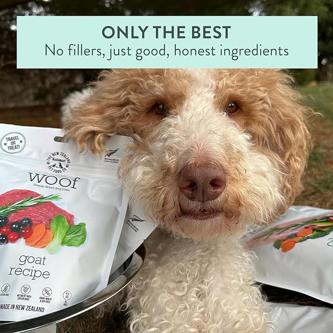 The New Zealand Natural Pet Food Co Woof Freeze Dried Dog Food - Wild Goat Recipe, High Protein, Complete Diet, Dog Treats, All Life Stages - 1.76 oz