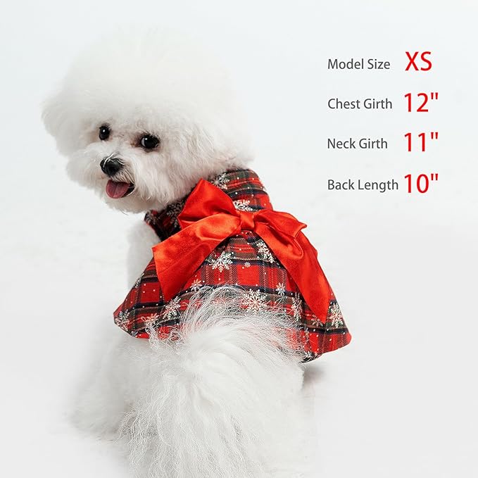 PUPTECK Plaid Dog Christmas Dress Cute Puppy Costume Outfit Small Dogs Clothes with Bowknot Skirt, Snow, M