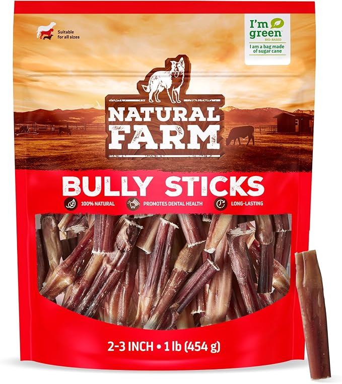 Natural Farm Odor Free Bully Sticks (2-3 Inch, 1 Pound) for Small & Medium Dogs - 100% Beef Chews for Pups, Non-GMO, Grain-Free, Fully Digestible Long Lasting Dog Treats