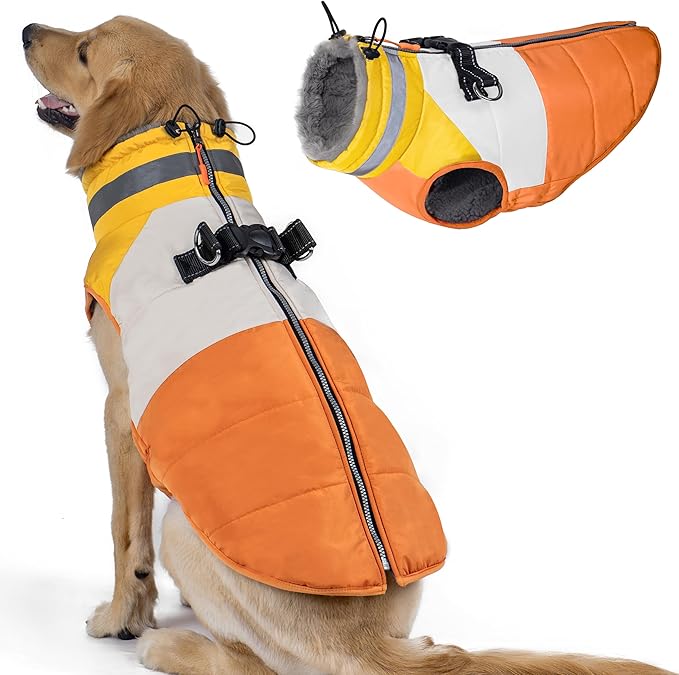 azuza Dog Jacket for Medium Dogs Waterproof Dog Coat with Reflective Strips and Harness Built in Warm Fleece Dogs Winter Coat Windproof with Back Zipper, Orange 2XL