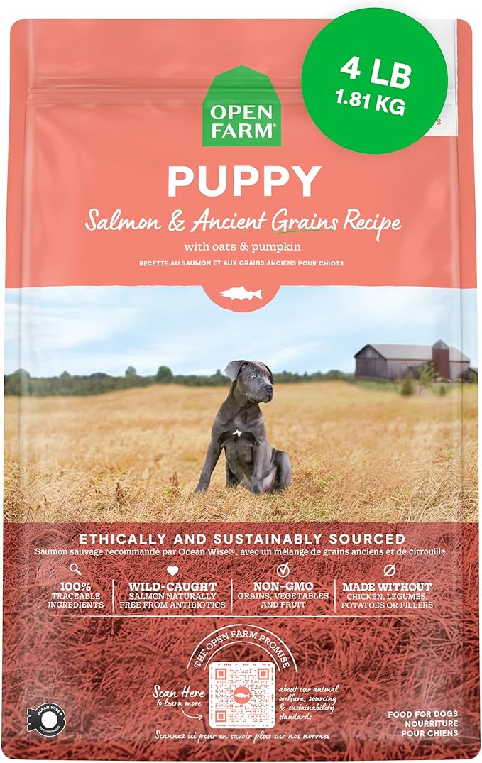 Open Farm, Ancient Grains Dry Dog Food for Puppies, Protein-Rich & Nutrient Dense, 90% Animal Protein Mixed with Non-GMO Fruits, Veggies and Superfoods, Salmon Recipe for Puppy, 4lb Bag