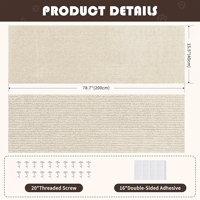 Trimmable Self-Adhesive Carpet,78.7"x15.8" Cat Scratch Mat for Furniture Couch or Wall Protector, Covering,DIY Climb Cat Scratcher Rug with Adhesive Hook Loop Tape