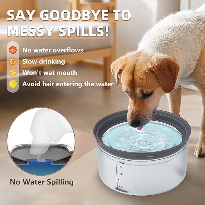 Decflow 1.2Gallon Dog Water Bowl No Spill, 4.5L Large Capacity Spill Proof Dog Bowls with Transparent Floating Disk, No Splash Slow Drinking Water Bowls for Sloppy Messy Drinkers (Gray)