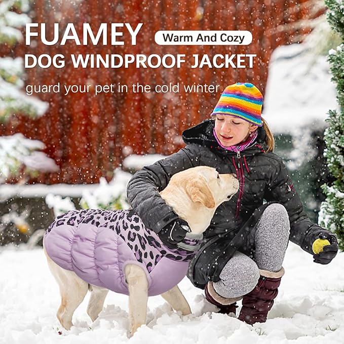 FUAMEY Dog Coat for Large Dogs,Waterproof Dog Winter Jacket with Harness Built in Puppy Cold Weather Coats Reflective Pet Vest with Zipper Warm Fleece Dogs Snowsuit Windproof Purple Leopard XXXL
