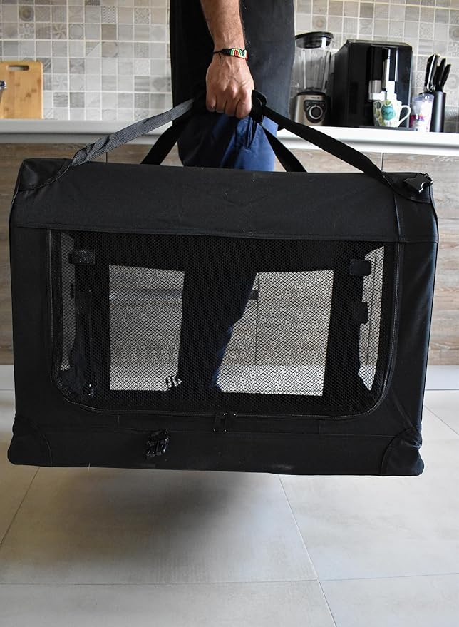 Meraki Home 3-Door Soft-Sided Mesh Pet Carrier – Portable Foldable Travel Crate Kennel for 2 Cats, Medium Dogs, Rabbits – Indoor/Outdoor Use, M Size (27"x21"x21"), Black