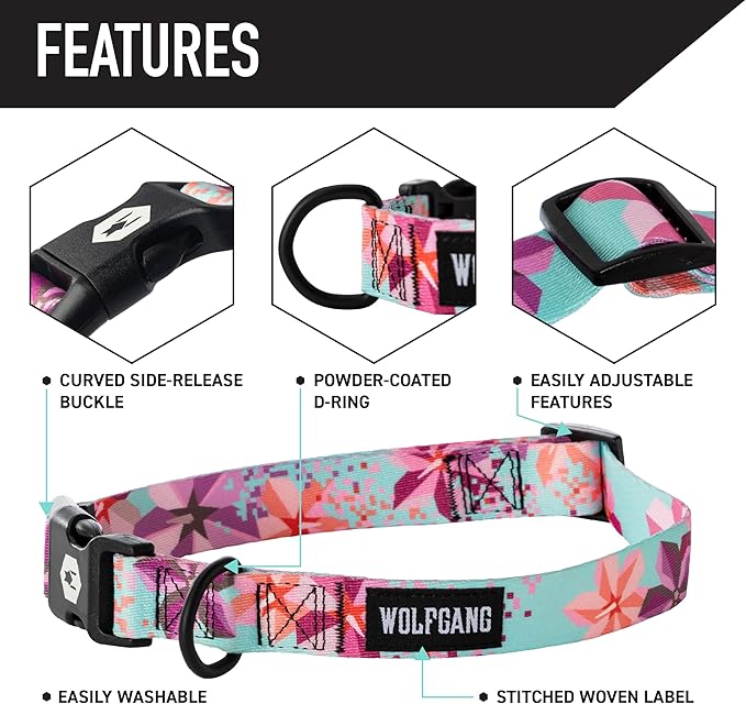 Wolfgang Heavy Duty Martingale Dog Collar with Quick Release Nylon Buckle for Walking & Training, DigiFloral Print, Extra Large
