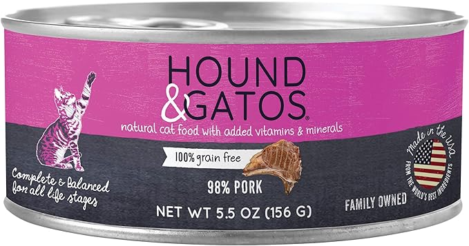 Hound & Gatos Wet Cat Food, 98% Pork, Grain Free Pate Cat Food, Real Meat, High Protein, Limited Ingredients, No Additives, 5.5 oz. Cans (Pack of 24)