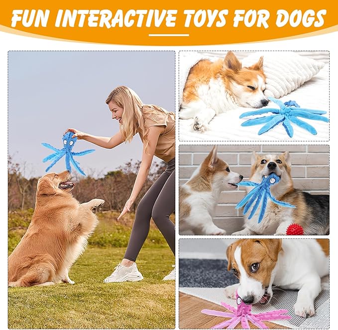 2 Pcs Octopus Dog Toys, No Stuffing Squeaky Dog Toys Chew Toys for Dogs Puppy Toys Indestructible Dog Toy for Small & Medium & Large Dogs (Blue,Purple)