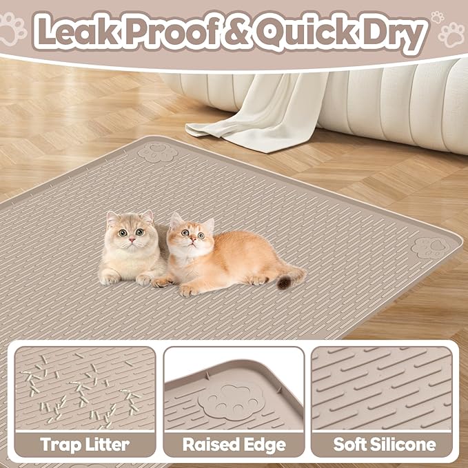 Cat Litter Mat, Extra Large 34" x 22" Silicone Mat Litter Trapping Mat for Scatter Control, Soft on Kitty Paws, Easy to Clean (Beige)