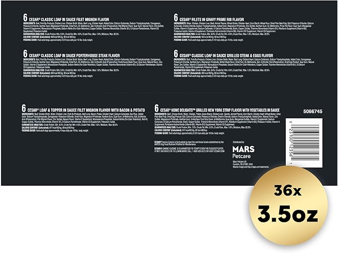 Cesar Wet Dog Food Steak Lovers Variety Pack with Real Meat, 3.5 oz. Trays (36 Count, Pack of 1)