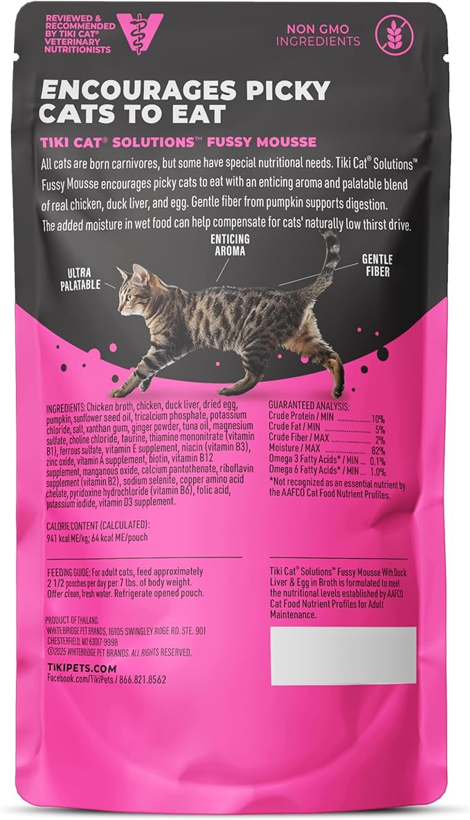 Tiki Cat Solutions Fussy Mousse, Duck Liver & Egg, Specially Formulated to Support Healthy Digestion, Functional Wet Cat for Adult Cats, 2.4 oz. Pouch (12 Count)