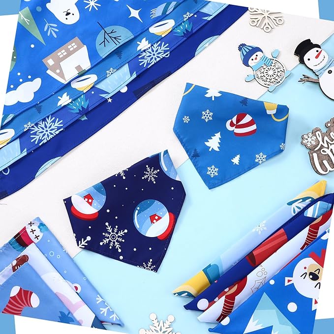 100 Pcs Winter Dog Bandanas Bulk Pet Bibs Blue Triangle Scarf Snowflake Pet Bandanas for Medium Large Dogs Winter Snowflake Christmas Party Holiday Festival Costume Decor