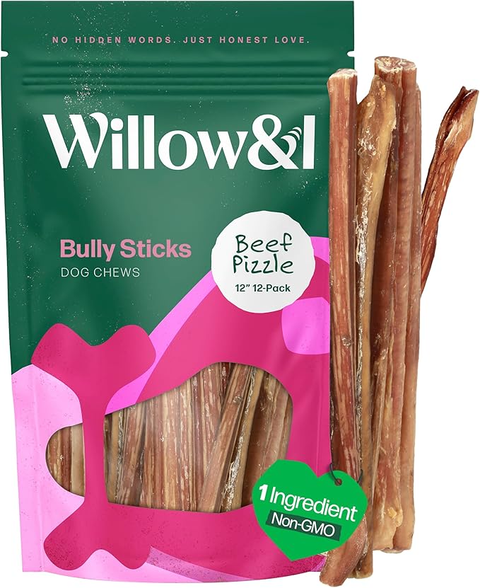 Willow&I Bully Sticks for Dogs -12 Inch Natural Bully Sticks for Medium, Large & Small Dogs- Premium 100% Grass Fed, Single Ingredient, Long Lasting, High Protein, Odor Free (12", 12 Pack)