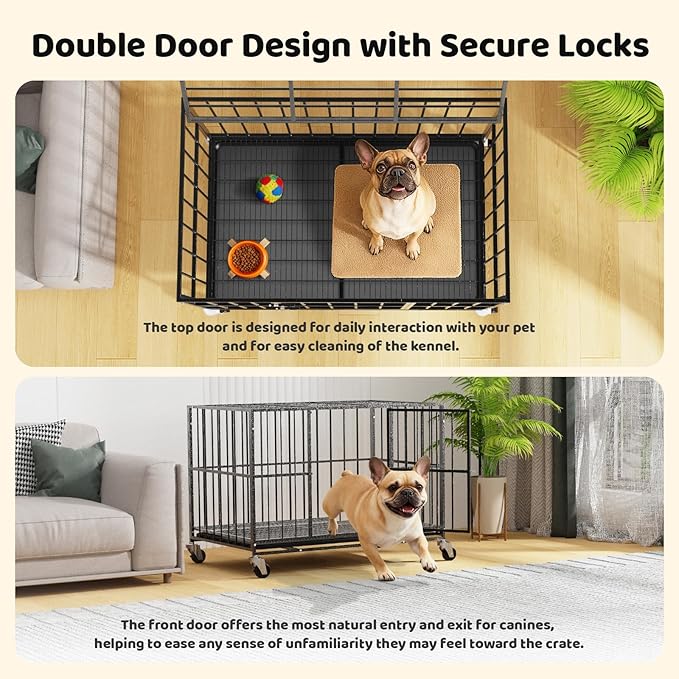 Heavy Duty Indestructible Dog Crate 38 Inch with Removable Tray, Sizes & Colors Optional, Escape Proof Double Door High Anxiety Cage Indoor, Kennel with Wheels for Large Dogs, XL XXL XXL