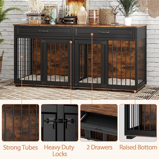 64.6" Furniture Dog Crate,Heavy Duty Wooden Dog Cage Furniture,Indoor Dog Kennel with Drawers & Removable Divider,Luxury Dog House w/Double Rooms for Small Medium Dogs,Rustic Brown