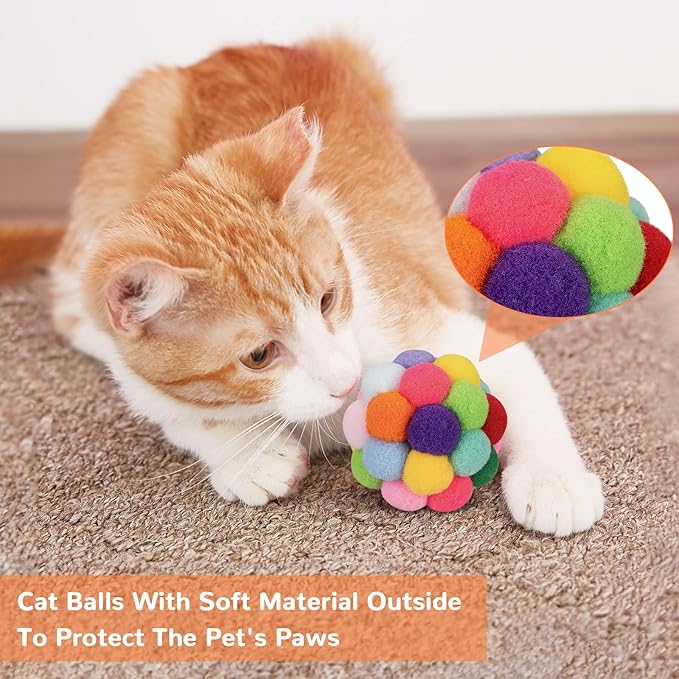 Retro Shaw Cat Toys Balls, 6Pack Yarn Cat Ball with Bell Inside, Interactive Kitten Toys for Indoor Cats Kitty Chew Kick, Colorful Soft Fuzzy Pet Toy Ball with String