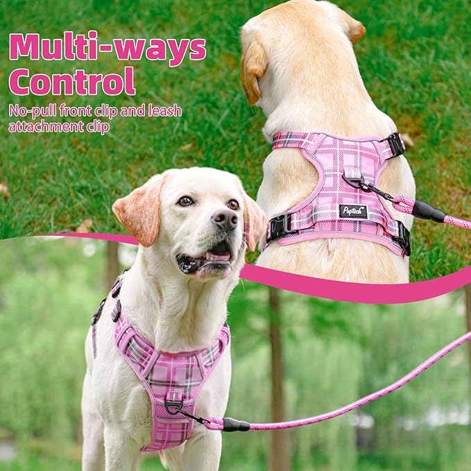 PUPTECK No Pull Dog Harness Medium Sized, Adjustable Reflective Dog Harness with Handle Easy Control, Comfortable Soft Padded Pet Vest Harness for Medium Dogs, Plaid Pink M