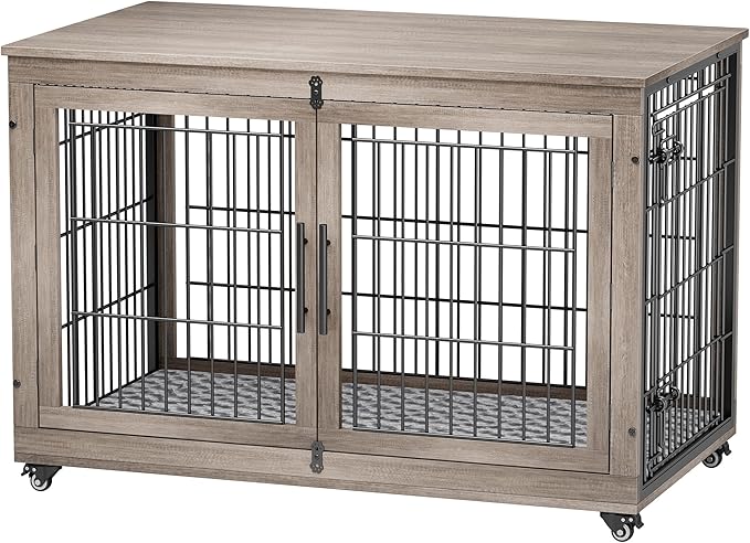 Dog Crate Furniture with Cushion, Wooden Dog Kennel Indoor with Double Doors, Dog Cage with Wheels, Dog House Side End Table for Large Dogs up to 85 lb, 44" L, Grey