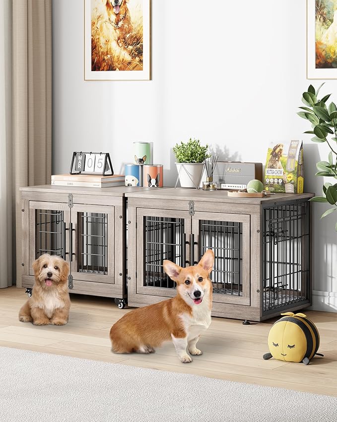 Dog Crate Furniture with Cushion, Wooden Dog Kennel Indoor with Double Doors, Dog Cage with Wheels, Dog House Side End Table for Small Dogs up to 30 lb, 27.2" L, Grey