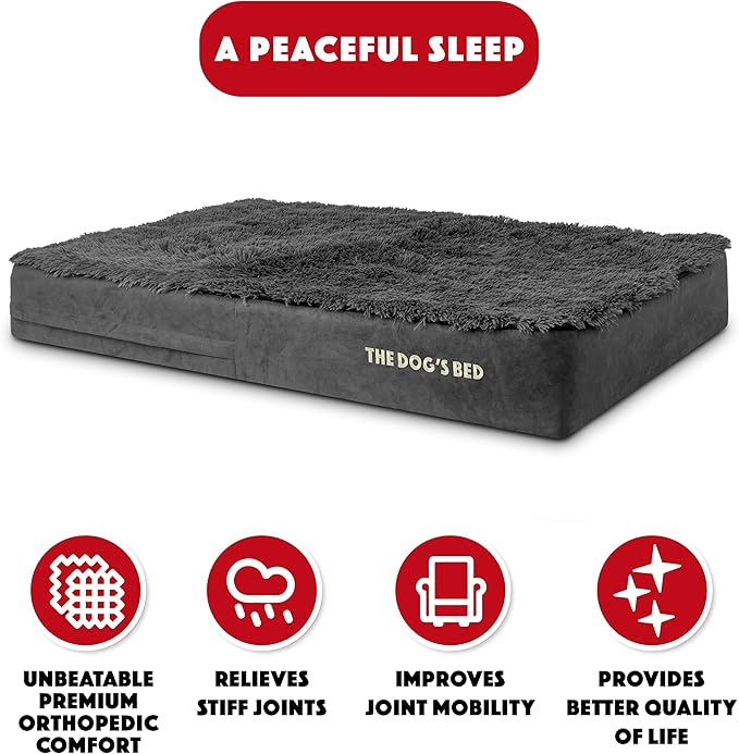 The Dog’s Bed Orthopedic Memory Foam Dog Bed, XL Grey Fur, Pain Relief for Arthritis, Hip & Elbow Dysplasia, Post Surgery, Lameness, Supportive, Calming, Waterproof Washable Cover
