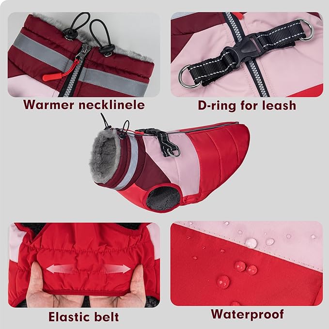 azuza Dog Jacket Waterproof Winter Coat for Small Dogs, Warm Fleece Vest with Reflective Strips & Built-in Harness, Windproof Back Zipper, Red S