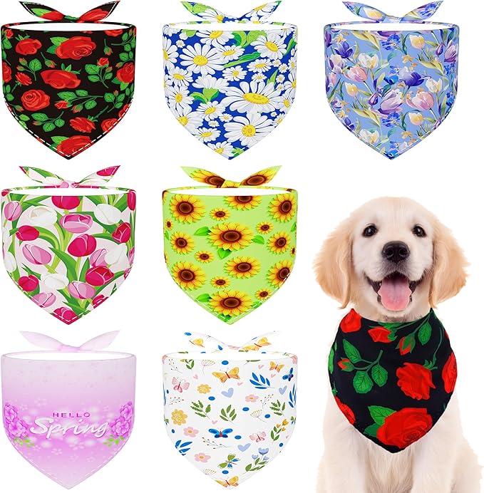 7 Pcs Spring Dog Bandanas for Small Medium Dogs Breed 25 Inch Summer Flowers Dog Bandana Adjustable Large Hemming Seam Edge Scarves Grooming M