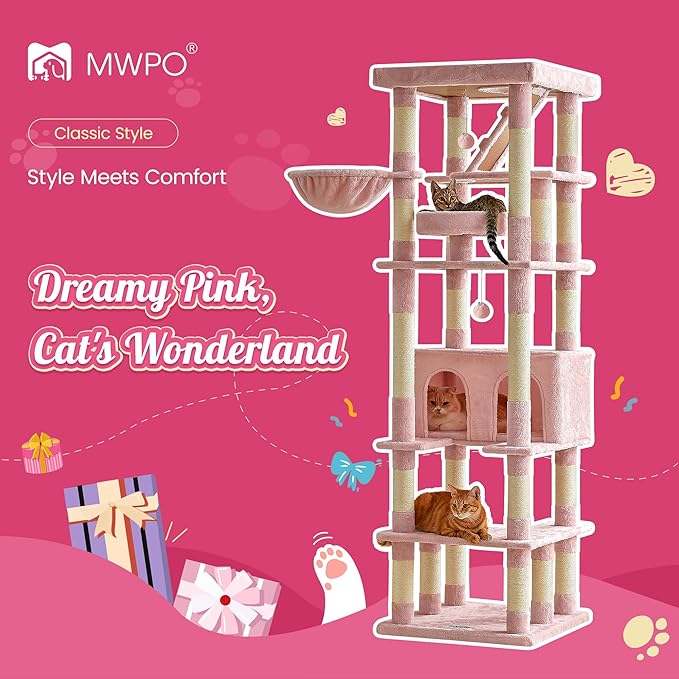 MWPO 74.8 Inches Pink Extra Large Cat Tree, Tall Cat Tower for Indoor Cats with Large Cat Condo, Wide Top Perch, Hammock, Sisal-Covered Scratching Posts, Toys for Kittens & Cats