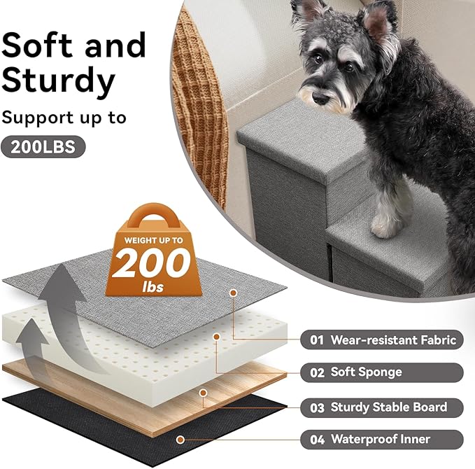 Wider Dog Stairs with Storage 18" H, 3-Step Sturdy Dog Steps for Large/Medium/Small Older Dogs Cats, Folding Pet Stairs Climbing Bed or Couch, Ramp for Car Up to 200 lbs (Gray, No Condo)