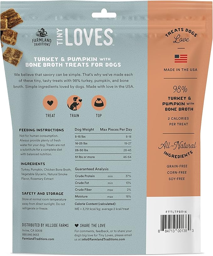 Farmland Traditions Tiny Loves Jerky Trainer Treats for Dogs w/Bone Broth (Turkey & Pumpkin, 16 oz.)