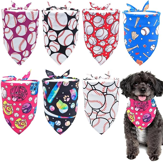 7 PCS Baseball Dog Bandanas for Small Dogs Stitching Edge Dog Bandana for Puppy Doggy Print One Side Scarves Game Day Grooming S