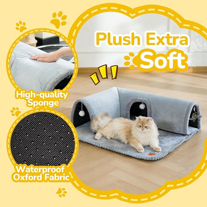 CATISM Cat Bed with Tunnel - Cat Beds for Indoor Cats 3-Way Ports 3 Toys, Soft Cave, Large Tunnel, Detachable Rug, Non-Slip Bottom Carpet for Kitten Ferrets Small Animals
