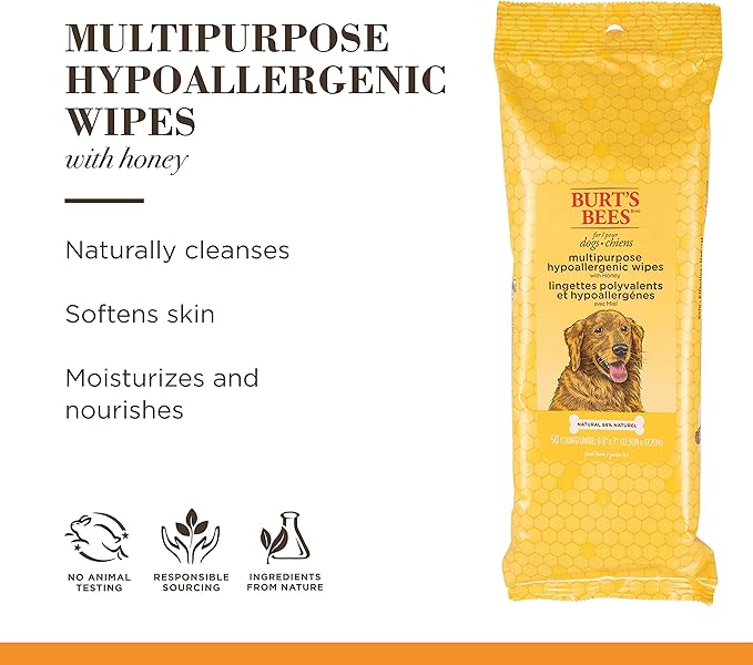 Burt's Bees for Pets Multipurpose Dog Wipes with with Honey, 98% Natural Origin Formulas, Hypoallergenic Dogs Wipe, Canine Cleaning Sheets for Paws and Butt, 2pk, 50ct