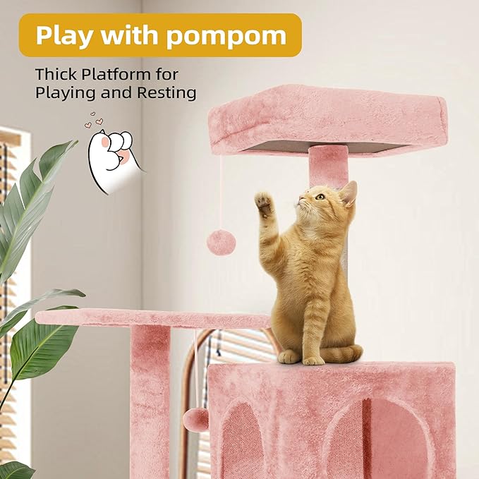 Cat Tree, 54-Inch Cat Tower for Indoor Cats,Plush Multi-Level Cat Condo with Scratching Posts, Basket, Perches,2 Caves,2 Pompoms(Pink)