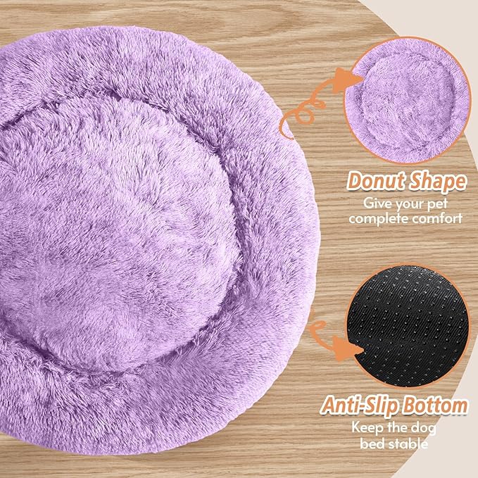 JOLLYVOGUE Calming Dog & Cat Bed for Small Dogs, Anti-Anxiety Donut Cuddler Cozy Soft Round Bed with Anti-Slip Bottom, Fluffy Faux Fur Plush Cushion Beds for Small Medium Pets (23")