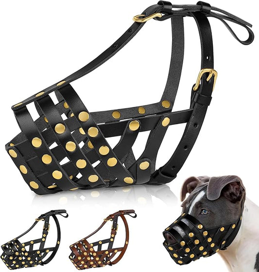 OOPSDOGGY Pitbull Dog Muzzle for Large Dogs - Leather Breathable Secure Basket Muzzle for Medium Large Breeds Prevents Biting No Chewing Amstaff Staffordshire Terrier (Black, Size 4 - Pitbull)