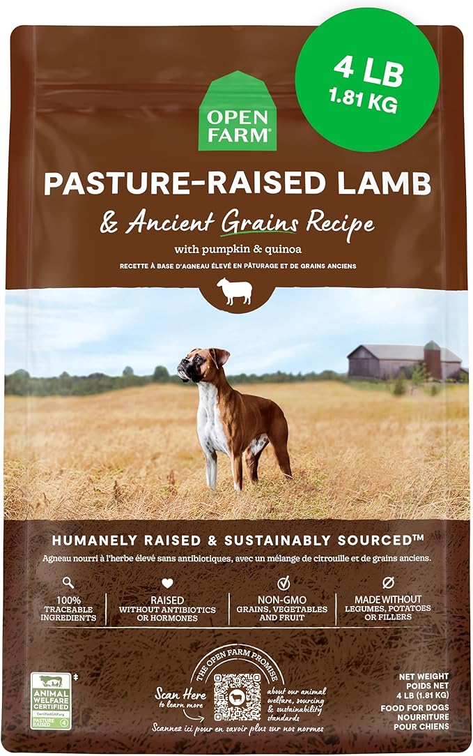 Open Farm, Ancient Grains Dry Dog Food, Protein-Rich & Nutrient Dense, 90% Animal Protein Mixed with Non-GMO Fruits, Veggies and Superfoods, Pasture Raised Lamb Recipe, 4lb Bag