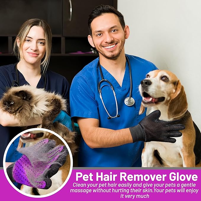 Upgrade Pet Grooming Gloves, Grooming Gloves for Dogs, Cats, Rabbits & Horses with Long and Short Hair, Efficient Pets Hair Remover Mittens - 1 Pair (Purple)