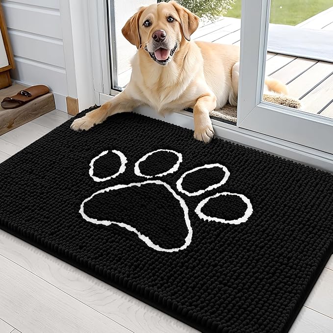 OLANLY Dog Door Mat for Muddy Paws 36x24, Paw Print Design, Absorbs Moisture and Dirt, Absorbent Non-Slip Washable Doormat, Quick Dry Chenille Mud Mat for Dogs, Entry Indoor Entryway Carpet, Black