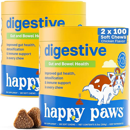 Happy Paws Digestive Supplement for Dogs, Gut Health & Immune Support for All Breeds & Ages, Made with Probiotics, Enzyme Blend & Ginger Root, Pumpkin Flavor, Organic, Non GMO, 200 Soft Chews