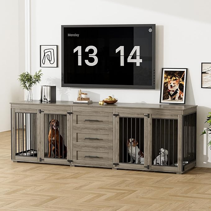 Rophefx 94.5" Dog Crate Furniture for 2 Dogs, Large Dog Kennel Furniture with 3 Storage Drawer, Wooden Dog Cage with 4 Bowls, Indoor Dog House TV Stand with Locks for Large Medium Dog, Grey