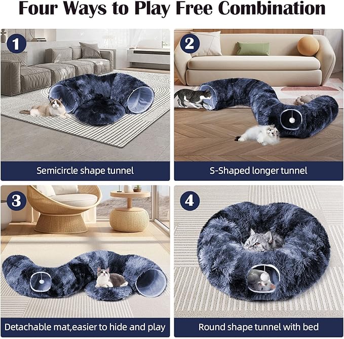 Odoland Cat Tunnel Bed with 20 Cat Toys - Indoor Plush Kitten Couch,Detachable Cats Cave Donut Tunnel & Soft Kitten Toy Set-Cozy Cat Furniture Blue