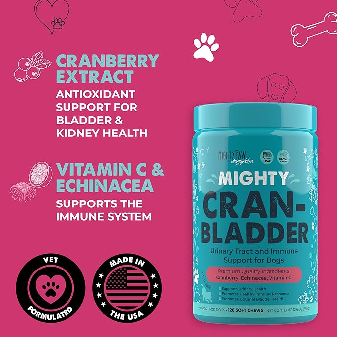 Mighty Paw Waggables Cran-Bladder (Made in The USA) | Vet Formulated Cranberry Supplement for Dogs – Cranberry Chews for Dogs, Urinary Tract & Bladder Support, Bacon Flavored, 120 Soft Chews